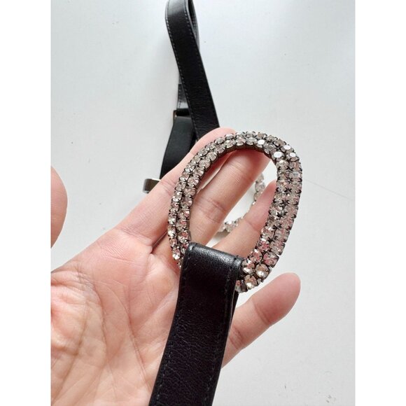 SUZI ROHER Black Leather Crystal Buckle Elastic Stretch Belt, Size XL - Picture 4 of 9